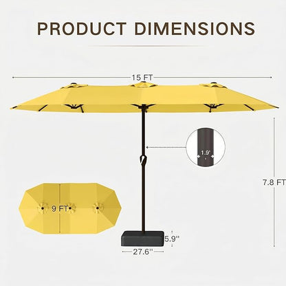 Kingdura 15ft Large Patio Umbrella with Base Included, Double-Sided Rectangle Outdoor Table Umbrella with 12 Reinforced Ribs, Crank Lift for Market Pool Deck Backyard, Yellow