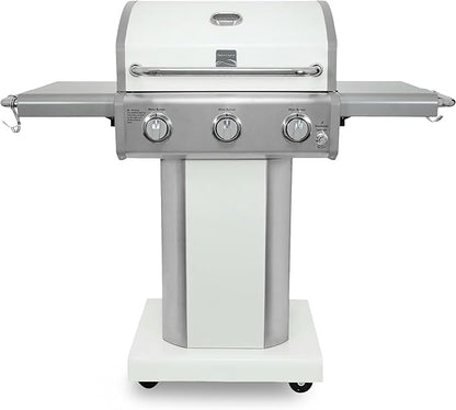 Kenmore 3-Burner Outdoor BBQ Grill | Liquid Propane Barbecue Gas Grill with Folding Sides, PG-A4030400LD-PE, Pedestal Grill with Wheels, 30000 BTU, Pearl White