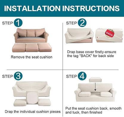 Turquoize 4 Piece Sofa Covers for 3 Cushion Couch Sofa Slipcover Soft Couch Cover for Dogs Washable Furniture Cover with 3 Individual Large Cushion Covers Feature Fabric (Large Sofa, Ivory)
