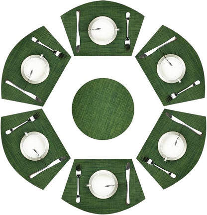 Wedge Placemats,Set of 7 Vinyl Placemats for Round Tables Woven Non-Slip Heat-Resistant Easy to Clean Wipeable Washable Dinner Table Mats（Seaweed Green）
