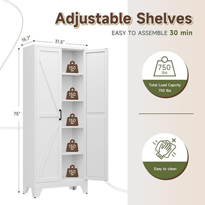 Letaya 75" H Metal Storage Cabinet with 2 Doors and 4 Shelves,Tall Kitchen Pantry Cabinets,Farmhouse Utility Pantry Organizers for Cupboard/Dining/Bathroom/Home Office/Garage,White