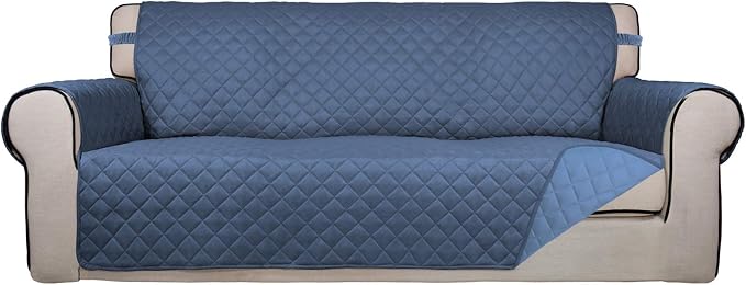 PureFit Reversible Quilted Sofa Cover, Water Resistant Slipcover Furniture Protector, Washable Couch Cover with Non Slip Foam and Elastic Straps for Kids, Pets (X Large, DarkBlue/LightBlue) | Dark Blue/Light Blue, Water Resistant Couch Protector, Washa...