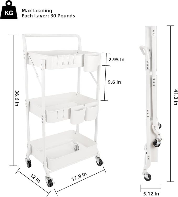 3-Tier Folding Rolling Utility Cart with Wheels, Foldable Storage Cart Organizer with 3 Hanging Cups & 6 Hooks for Kitchen, Office, Living Room, Nursery(White)