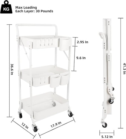 3-Tier Folding Rolling Utility Cart with Wheels, Foldable Storage Cart Organizer with 3 Hanging Cups & 6 Hooks for Kitchen, Office, Living Room, Nursery(White)