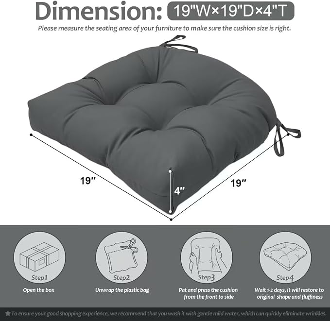 Outdoor Chair Cushions Set of 2, 19"x19" Tufted Outdoor Seat Cushions, Waterproof Patio Furniture Cushions, Grey