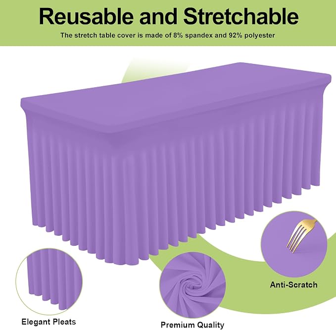 Smiry Spandex Elastic Fitted Table Cloth Skirt for 8FT Rectangle Table | Stretch Washable Table Cloth, Banquet Table Cover for Wedding, Party, Indoor & Trade Shows, (Lavender, 96Lx30Wx30H)