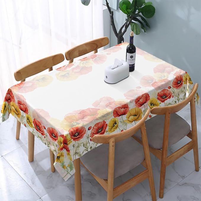 Decorative Rectangle Table Cloths Watercolor Poppy Spring Seasonal Summer Flower Tablecloth Table Cover for Dining/BBQ/Picnic/Coffee Table 52 X 70 Inches