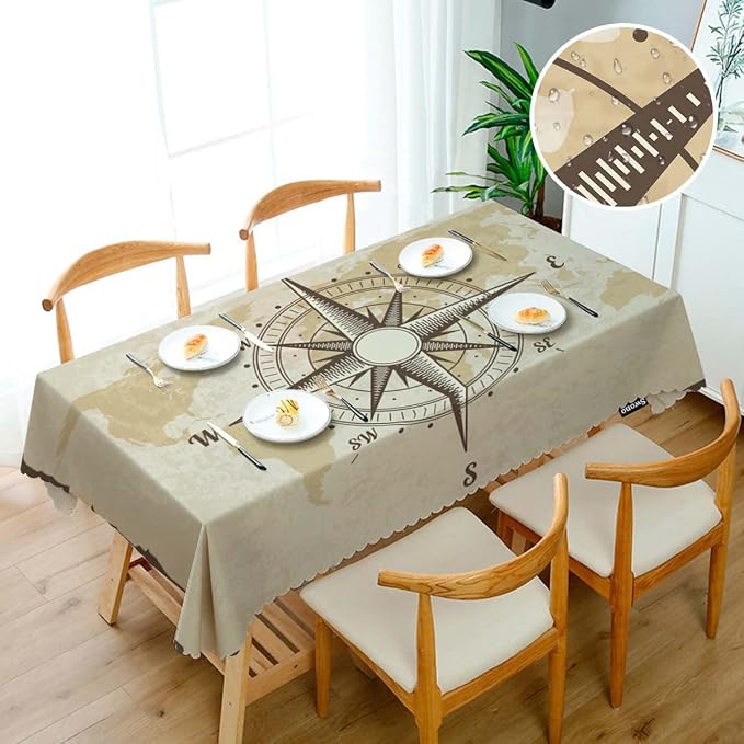 Swono Compass Rectangular Tablecloth Old World Map Nautical Compass Washable Table Cloth Kitchen Dining Room Table Cover for Party Dinner 50x72 Inch Tablecloths