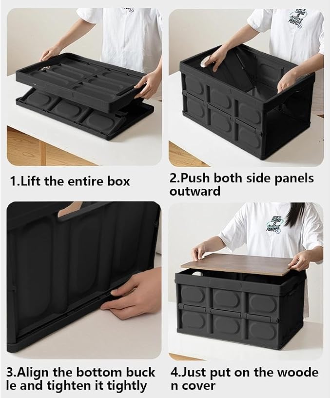 2 PSC Collapsible Storage Box with Lid, 13 Gallon Foldable Storage Bin with Wood Grain Top, Portable Organizer Tote with Handles for Car Trunk, Camping, RV, Grocery Shopping, Home Storage, Black