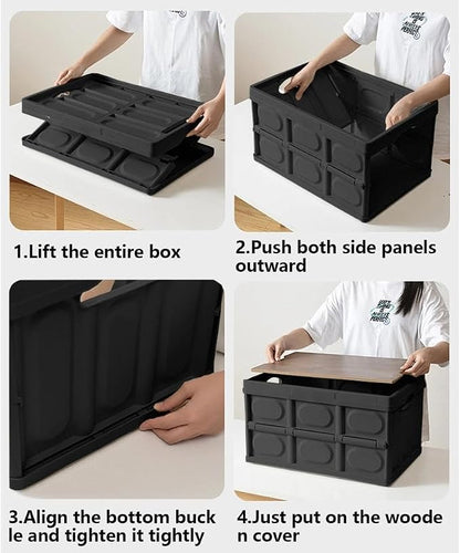 2 PSC Collapsible Storage Box with Lid, 13 Gallon Foldable Storage Bin with Wood Grain Top, Portable Organizer Tote with Handles for Car Trunk, Camping, RV, Grocery Shopping, Home Storage, Black