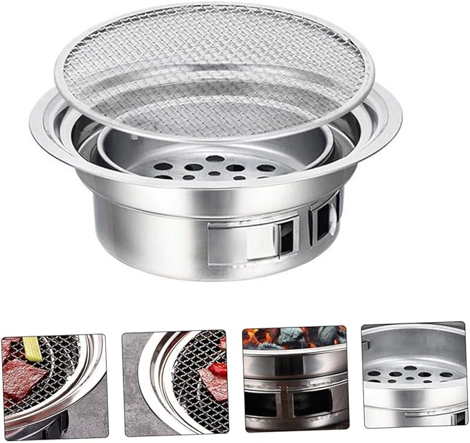 HEMOTON Portable Korean Style Stainless Steel Charcoal Barbecue Grill Small Outdoor Bbq Stove with Grate for Camping and Housewarming