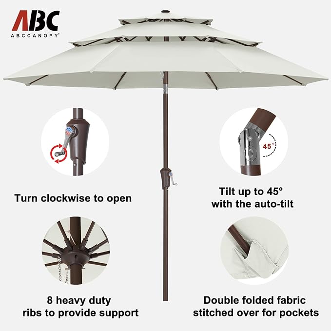 ABCCANOPY 10Ft 3 Tiers Market Umbrella, Outdoor Table Umbrella for Patio, Deck, Backyard (Light Beige)