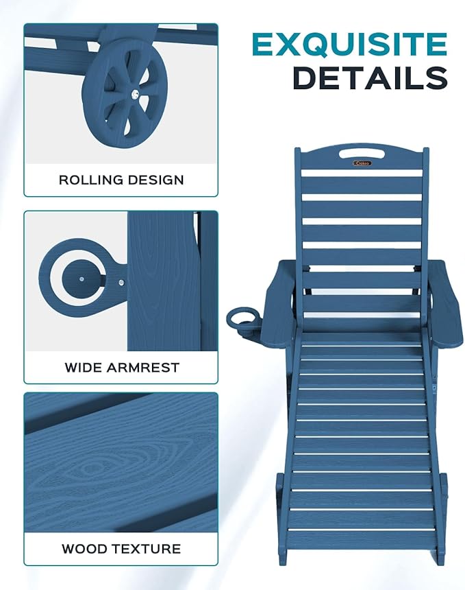 Ciokea Outdoor Chaise Lounge Chair Set of 2, Patio Lounge Chairs for Outside, HDPE Lounge Chair with Wheels & Cup Holder, Poly Chair with 5 Position for Poolside, Deck, Navy Blue