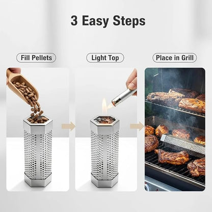 Smoke Tube for Pellet Smoker, 6" Stainless Steel Smoke Generator, 3 Hours Continuous Billowing Smokes, Hexagon Smoker accessories Fits Grill & Smokers, Ideal for Hot/Cold Smoking Meat, Fish, Cheese
