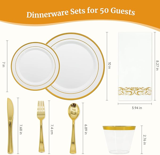 AIRE 350PCS Gold Plastic Plates for Party Supplies Dinnerware Sets for 50 Guests, Disposable Plastic Party Plates, Cups, Spoons, Forks, Knives, Napkins for Wedding Birthday Thanksgiving BBQ Parties