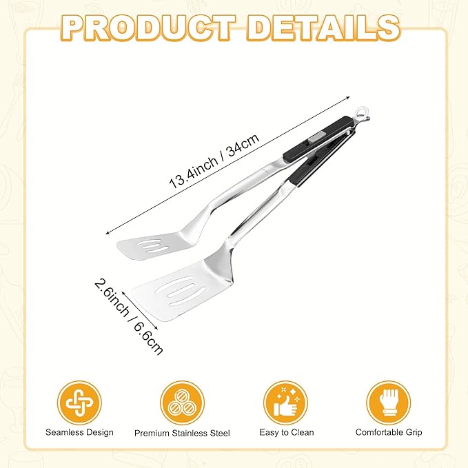 M METERXITY Spatula Tongs, 13.4 Inch 304 Stainless Steel Anti-Scald Extended Multifunctional Flipper Grill Clamp for Cooking/Barbecue, Kitchen Cooking Tongs [Black Handle, Silver Tone]