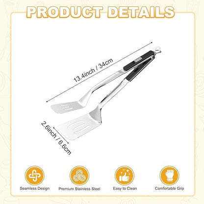 M METERXITY Spatula Tongs, 13.4 Inch 304 Stainless Steel Anti-Scald Extended Multifunctional Flipper Grill Clamp for Cooking/Barbecue, Kitchen Cooking Tongs [Black Handle, Silver Tone]
