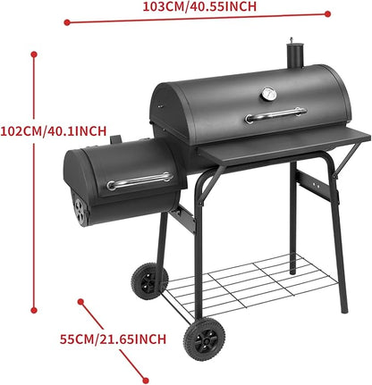 Kendane Barrel Charcoal Grill with offset smoker,550 Square Inches Cooking Area, Outdoor BBQ Grill with Front Shelf, Perfect for Backyard, Patio Parties and Picnics.