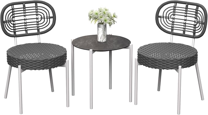 GarveeLife 3 Piece Wicker Patio Bistro Furniture Set, Outdoor Dining Chairs, Includes 2 Rattan Chairs and Tempered Glass Table, for Garden, Backyard, Balcony, Apartment, White & Grey