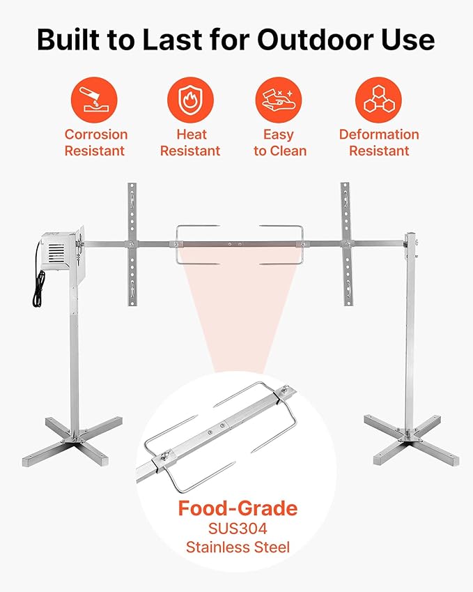 VEVOR Rotisserie Grill, 8 Level Height Stainless Steel Electric Rotisserie Grill Kit, 88 lbs Load Capacity BBQ Grills Rotisseries Kit with 38W Motor, Automatic Grilling Kits for Parties