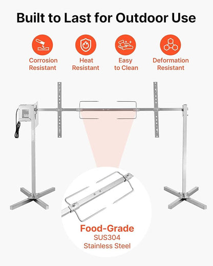 VEVOR Rotisserie Grill, 8 Level Height Stainless Steel Electric Rotisserie Grill Kit, 88 lbs Load Capacity BBQ Grills Rotisseries Kit with 38W Motor, Automatic Grilling Kits for Parties