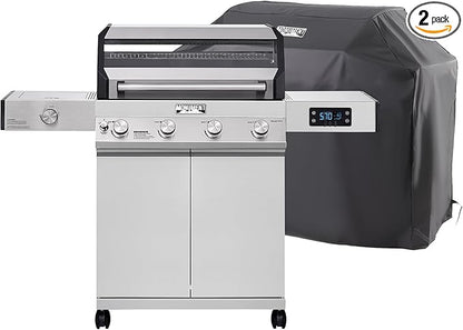 Monument Grills Denali Series, Denali 405 4-Burner Liquid Propane Gas Smart BBQ Grill Stainless Steel with BBQ Cover(2 items)