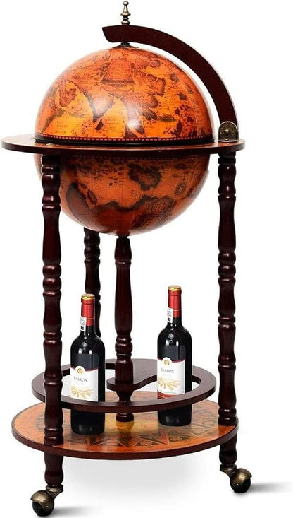 17" Wooden Globe Wine Rack, Wooden Globe Wine Bar Stand, Freely Movable Stable Liquor Bottle Shelf, Nautical Chart Wine Storage Cabinet, 16th Century Retro Wine Cupboard, Retro Brown