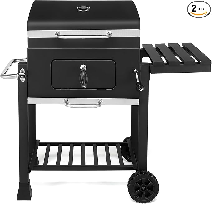 Outdoor Charcoal Barbecue Grill With Side Table and Wheels for Backyard, Camping, Picnics - Adjustable Charcoal Pan, Barrel Grill, Black