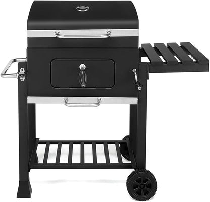 JHshop Black Charcoal Grill with Side Table, Outdoor BBQ Grill for Backyard, Charcoal BBQ Grills Heavy Duty Outdoor Barbecue Grill with Charcoal Tray Foldable Side Table and Wheels 116 x 57 x 108CM