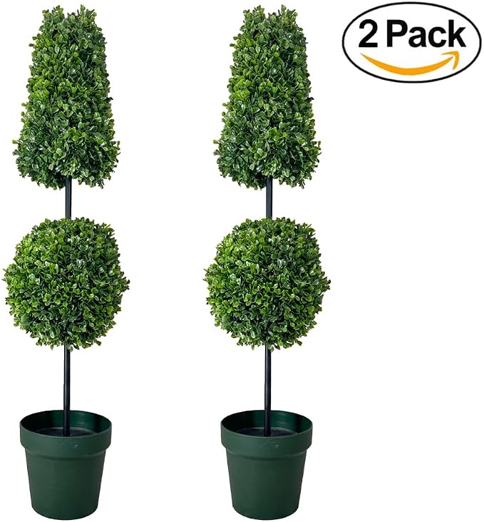 Admired by Nature 38" Artificial Ball-Shaped Topiary Tree - for Home Decor, Offices, Front Porches, Indoor & Outdoor Faux Trees with Green Pot - Set of 2, Green