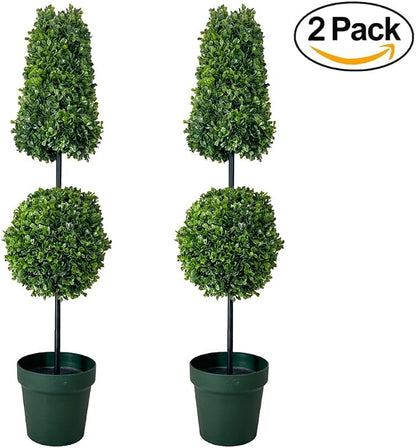 Admired by Nature 38" Artificial Ball-Shaped Topiary Tree - for Home Decor, Offices, Front Porches, Indoor & Outdoor Faux Trees with Green Pot - Set of 2, Green