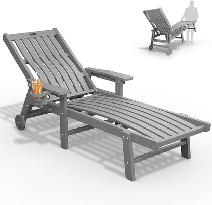 THOEOE Patio Chaise Lounge Chair, Oversized Lounge Chair Outdoor with 5 Positions, 78″Long, HDPE, Patio Lounge Chair with Wheels & Cup Holder for Pool, Deck, Poolside,Grey