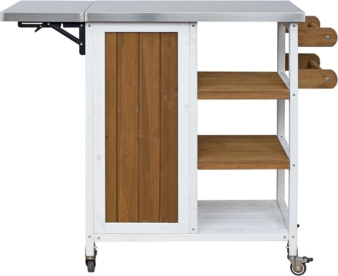 JIVOIT Outdoor Kitchen Island with Foldable Stainless Steel Tabletop, Patio Fir Wood Kitchen Cart Portable Prep Station with Lockable Wheels, Storage Cabinet and Towel Rack (White+Brown/123)