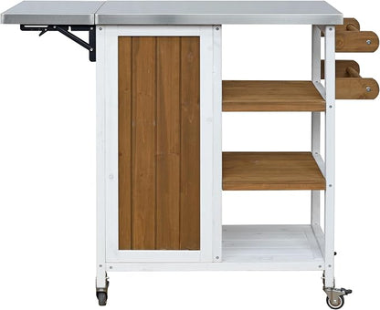 JIVOIT Outdoor Kitchen Island with Foldable Stainless Steel Tabletop, Patio Fir Wood Kitchen Cart Portable Prep Station with Lockable Wheels, Storage Cabinet and Towel Rack (White+Brown/123)