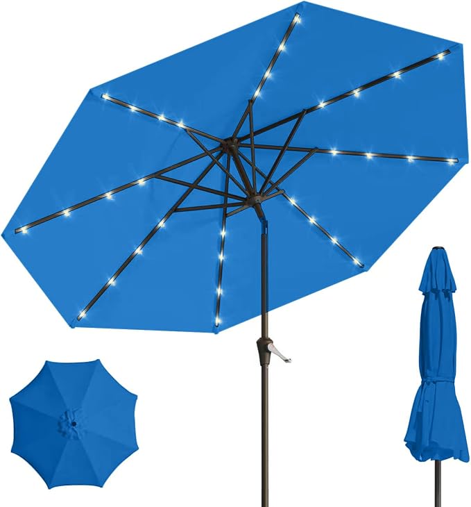 9' Solar LED Patio Umbrella with Tilt & Crank|8 Sturdy Ribs,UV Protection,Outdoor Market Table Umbrella for Deck,Lawn,Pool,Backyard(Royal blue)