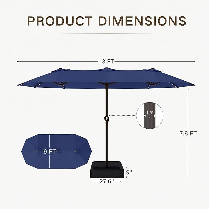 Kingdura 13ft Large Patio Umbrella with Solar Lights, Double-Sided Rectangle Outdoor Table Umbrella with Base Included, 12 Reinforced Ribs, 48 Led Lights, Crank Lift for Market Pool Deck, Navy blue