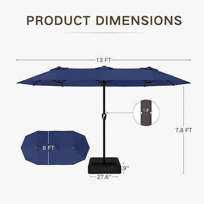 Kingdura 13ft Large Patio Umbrella with Solar Lights, Double-Sided Rectangle Outdoor Table Umbrella with Base Included, 12 Reinforced Ribs, 48 Led Lights, Crank Lift for Market Pool Deck, Navy blue