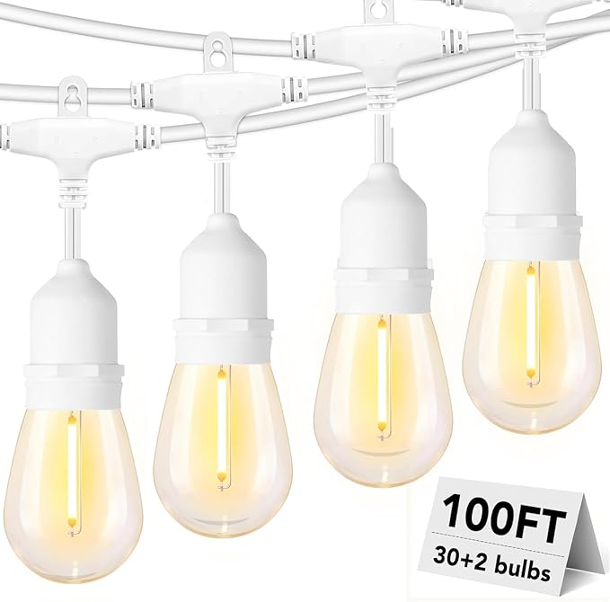 Outdoor String Lights White LED Waterproof 100FT for Patio Backyard Wedding | Linkable White Outdoor Lighting IP65 Weatherproof , 30+2 Plastic Dimmable Edison Bulbs for Outside Bistro Garden Porch Gazebo
