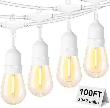 Outdoor String Lights White LED Waterproof 100FT for Patio Backyard Wedding | Linkable White Outdoor Lighting IP65 Weatherproof , 30+2 Plastic Dimmable Edison Bulbs for Outside Bistro Garden Porch Gazebo
