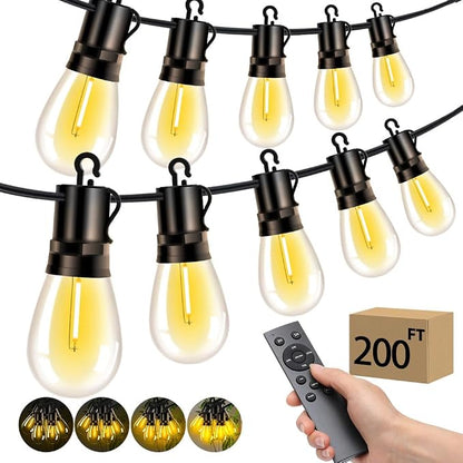 Outdoor Patio String Lights: S14 Shatterproof Bulb Outside Waterproof Light - 200FT 60M Remote Dimmable Connectable Hanging Outdoor Electric Lighting - Garden Backyard Yard Gazebo Porch Party