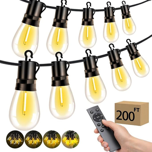 Outdoor Patio String Lights: S14 Shatterproof Bulb Outside Waterproof Light - 200FT 60M Remote Dimmable Connectable Hanging Outdoor Electric Lighting - Garden Backyard Yard Gazebo Porch Party
