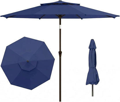 Outdoor Patio Umbrella, 2 Tiers Market Table Umbrella with 8 Sturdy Ribs, Push Button Tilt and Crank, UPF50+ UV Protection for Deck, Pool, Garden and Backyard