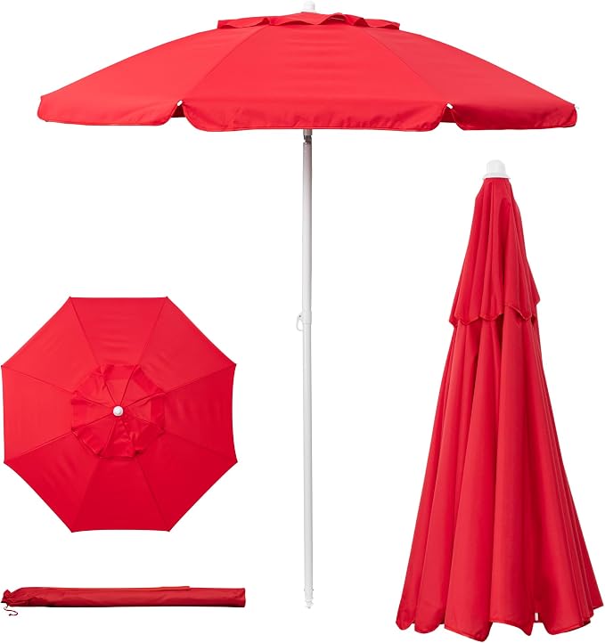 PICNIC TIME 5.5 Ft Portable Beach Umbrella, Lightweight UV Protection Sunshade with Tilt Pole & Carry Bag, Outdoor Canopy Umbrella for Beach, Sand, Pool, Patio, Camping, Travel, or Backyard Shade, (Red)