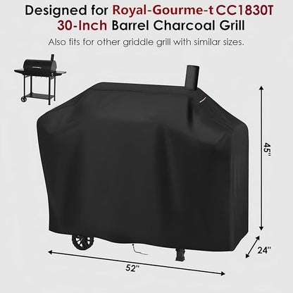 Grill Cover for Royal-Gourme-t CC1830T 30-Inch Barrel Charcoal Grill, Waterproof BBQ Cover for 30 Inch Barrel Charcoal Grill with Smoke Stack Outdoor Backyard Grill Covers - 52"x24"x45"