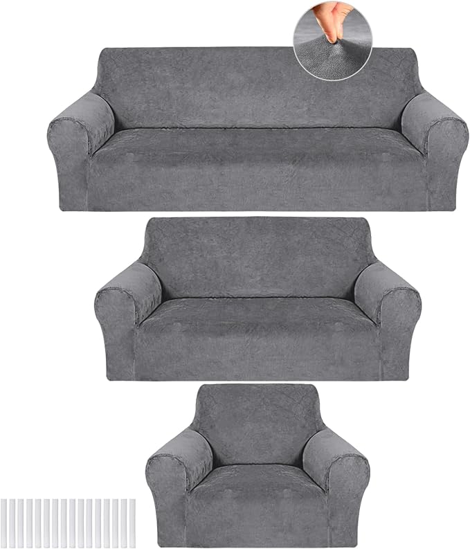 Peryiter 3 Pcs Couch and Loveseat Sofa Covers,Light Gray,Velvet | Armchair Covers for Living Room, Sofa Cushion Slipcover, Furniture Protector, Polyester and Spandex, Washable