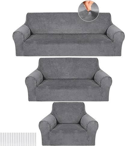 Peryiter 3 Pcs Couch and Loveseat Sofa Covers,Light Gray,Velvet | Armchair Covers for Living Room, Sofa Cushion Slipcover, Furniture Protector, Polyester and Spandex, Washable