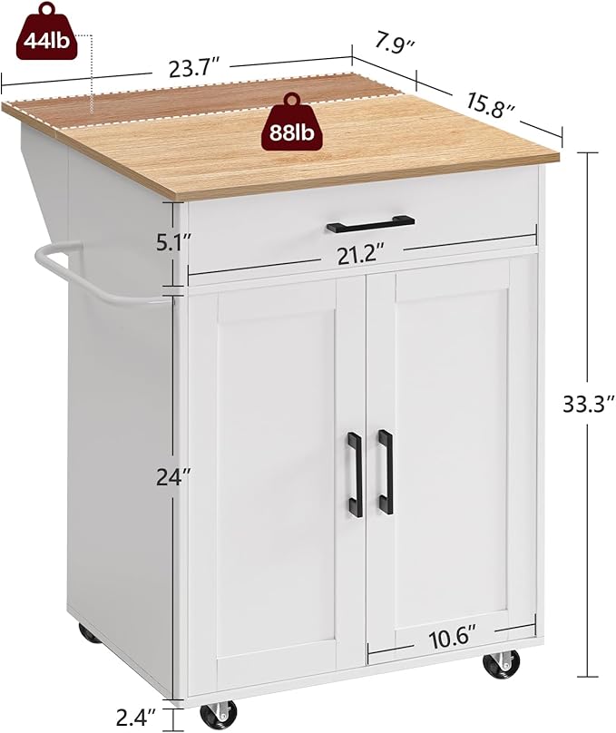 MAHANCRIS Kitchen Island on Wheels with Drop Leaf, Folding Countertop Kitchen Island Cart, Kitchen Island Table with Towel Rack, Drawer, for Kitchen, Dining Room, White and Natural KINW12501