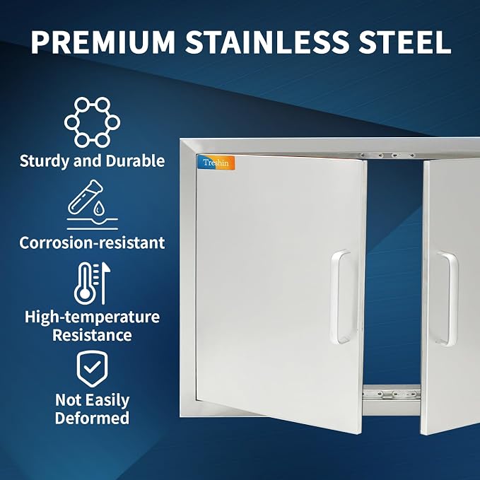 Treshin Outdoor Kitchen Door 31" W x 24" H, Double BBQ Access Doors | Stainless Steel Door with Magnetic Closure & Hooks, Flush Mount for Grill Island, Outdoor Kitchens, BBQ Station