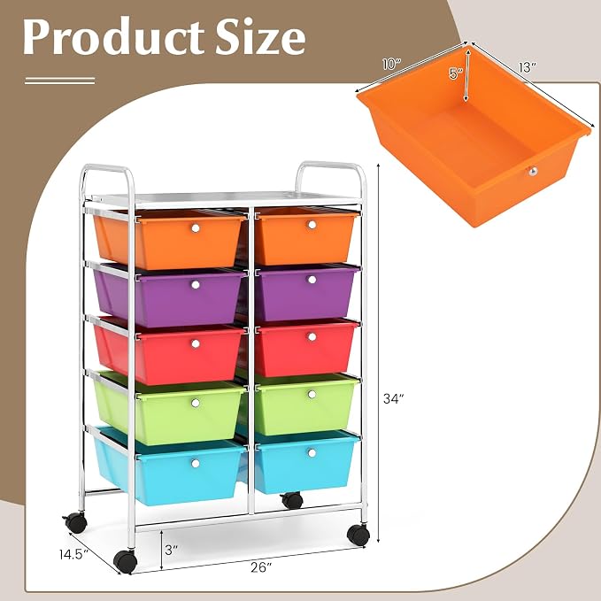 HOMGX Rolling Cart with 10 Drawers, 10 Tiers Multicolor Trolley, Drawer Bin Carts with 2 Lockable Wheels, Adjustable File & Debris Organizer Cart, Rolling Storage Cart for Office, School, Home
