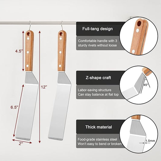 Metal Spatula Set of 2, HaSteeL 12In Long Stainless Steel Griddle Spatula, Heavy Duty Narrow Pancake Flipper Burger Turner for Teppanyaki Flat Top Hibachi Indoor Outdoor, Wooden Handle & Easy to Clean